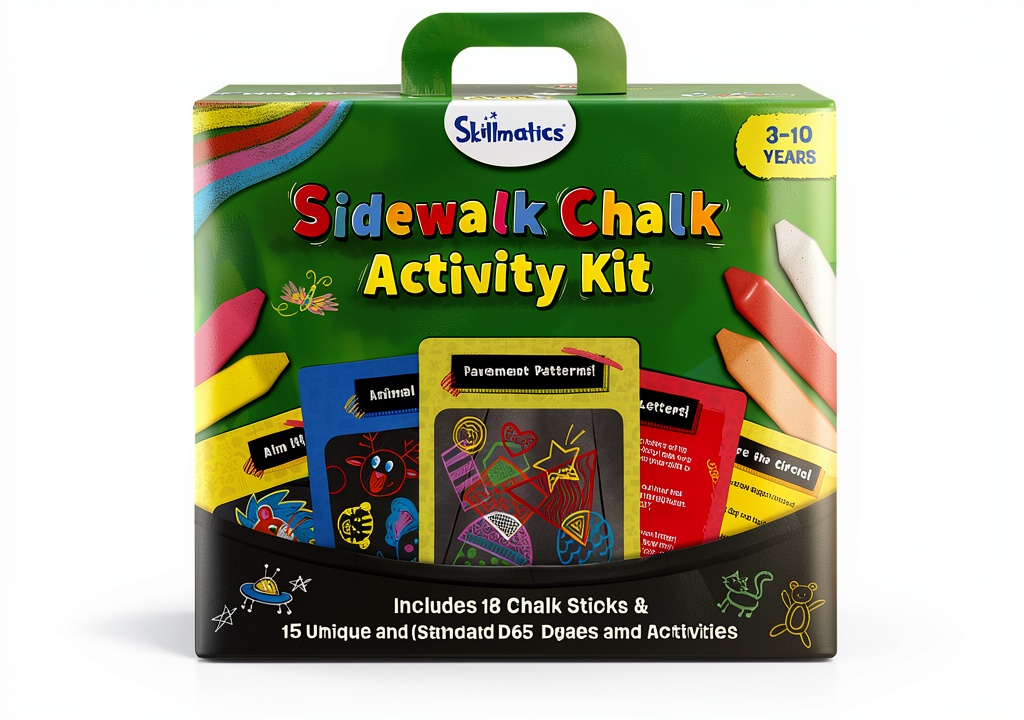 Skillmatics Sidewalk Chalk Activity Kit with colorful chalk and activity cards on a sidewalk