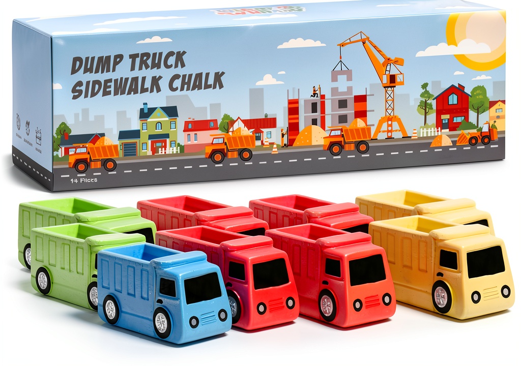 Isle of Whimsy chalk dump trucks displayed in gift box with colorful chalk pieces