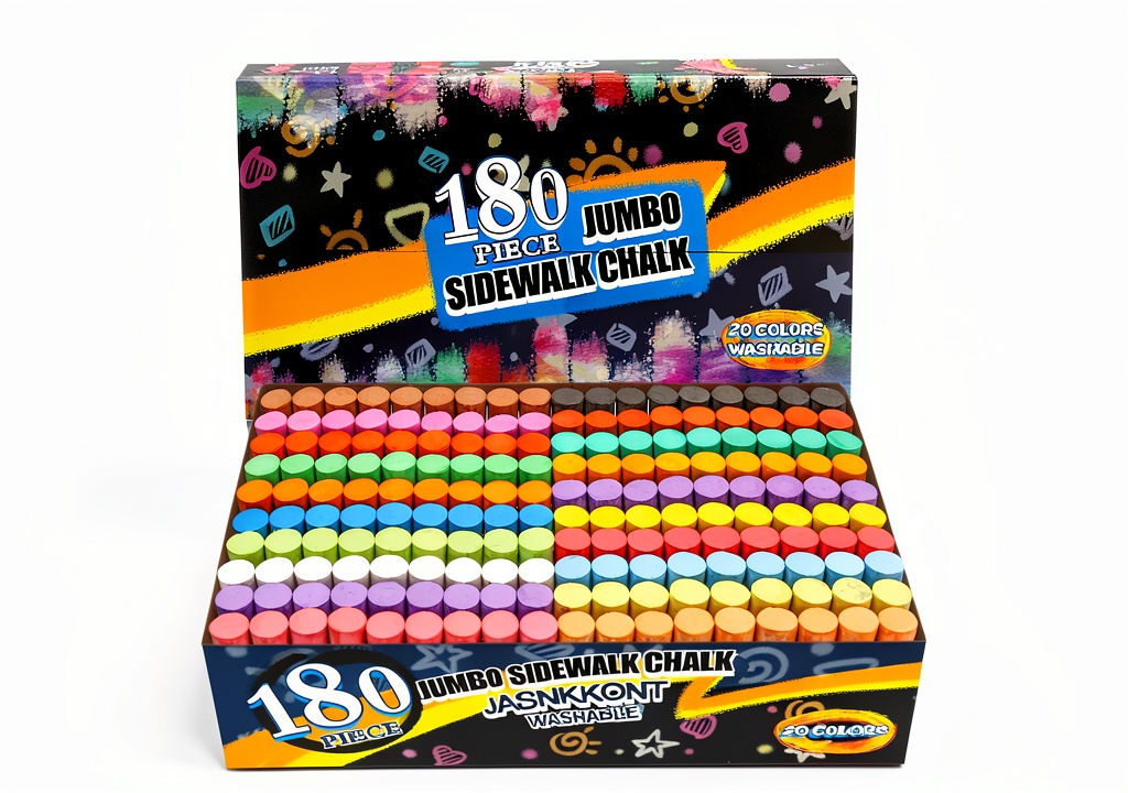 JASNKKONT 180-piece chalk set displayed in vibrant colors on a sidewalk
